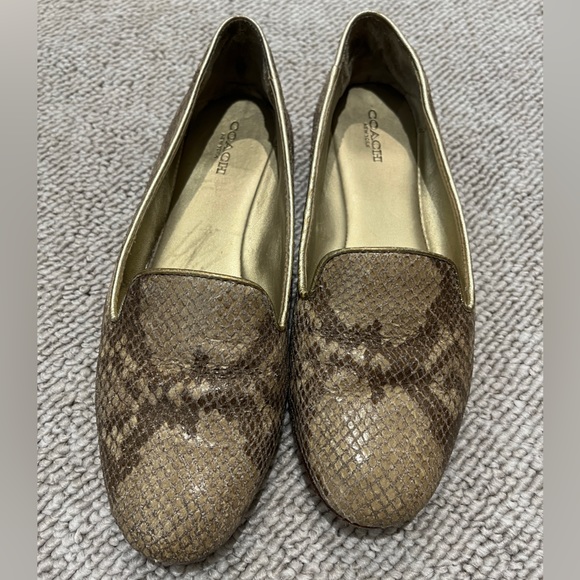 COACH Carrie Animal Snake Print Leather Loafer Flat Shoe Gold Metallic Lizard 7 - Picture 2 of 9